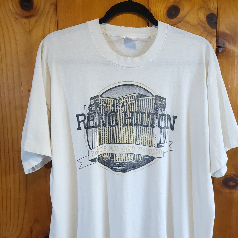 90s distressed single stitch XL Reno Hilton casino vtg XL White T-Shirt Vintage